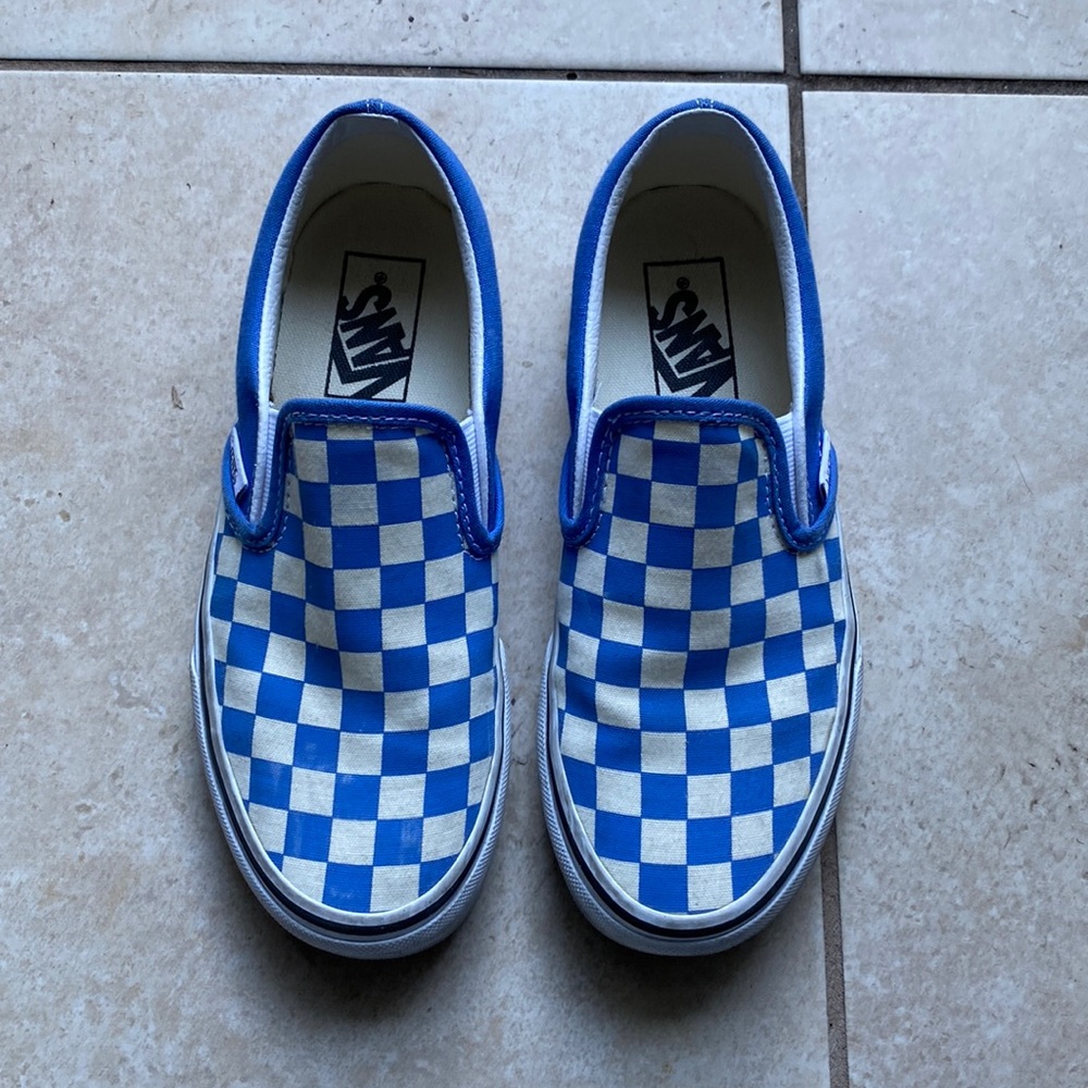 Vans slip on blue checkered shoes